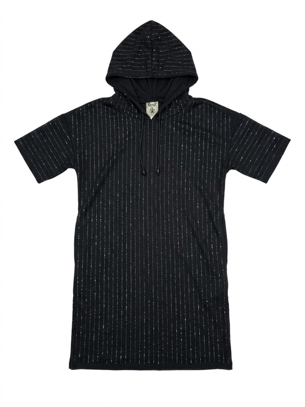 Vocal Black Short-Sleeve Hooded Knit with Pinstripe Detail